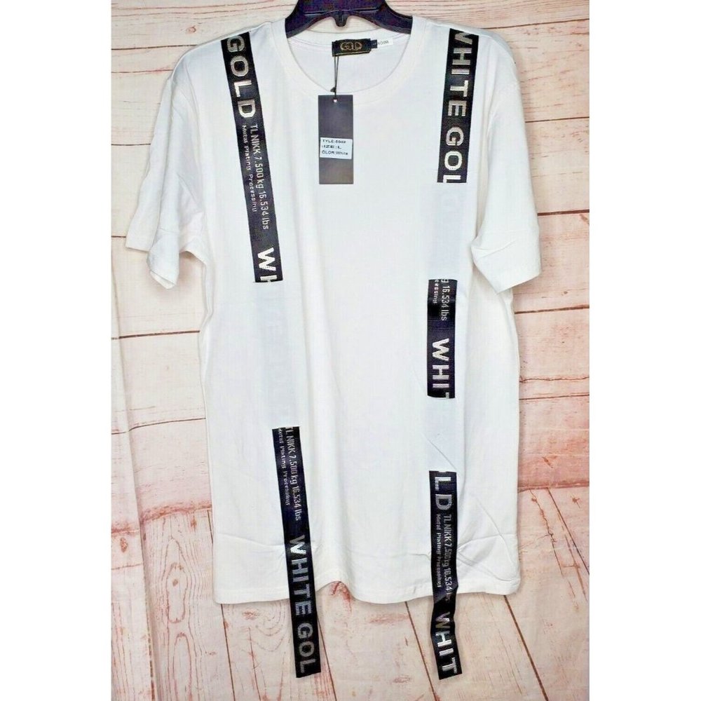 Rare Gold Leaf Large White Black Strap Design Crew Neck Designer T-Shirt